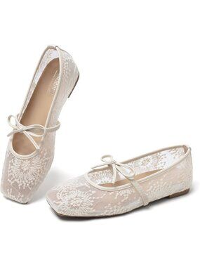Women's Lace White Square Toe Strap Ballet Flats Lace Up Bow Comfortable Shoes